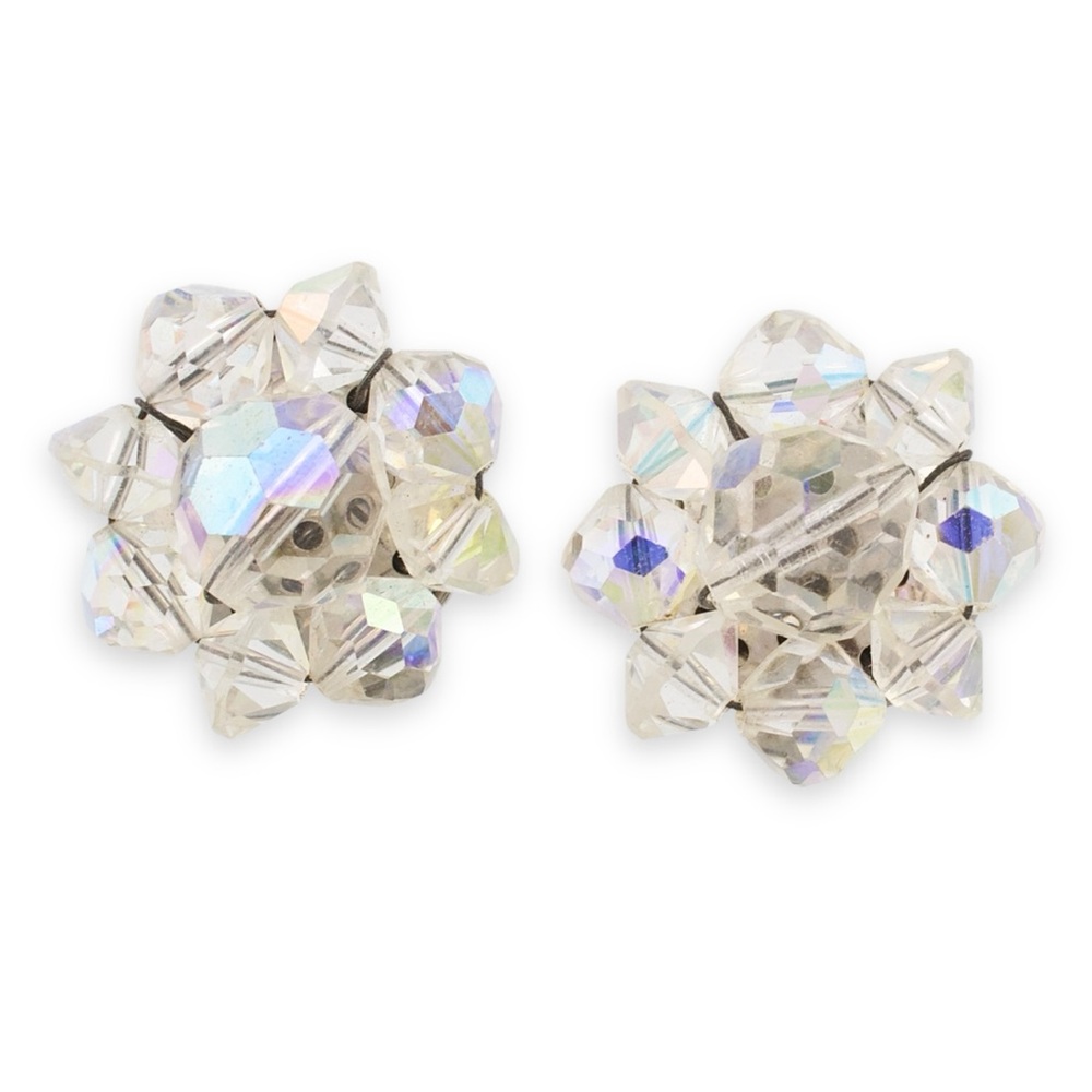 Vintage Aurora Borealis Crystal Beaded Clip On Earrings Iridescent Mid-Century